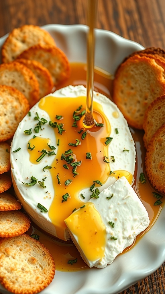 Baked Feta with Honey Recipe Baked feta cheese with honey, garnished with herbs, served with crackers on a wooden table.
